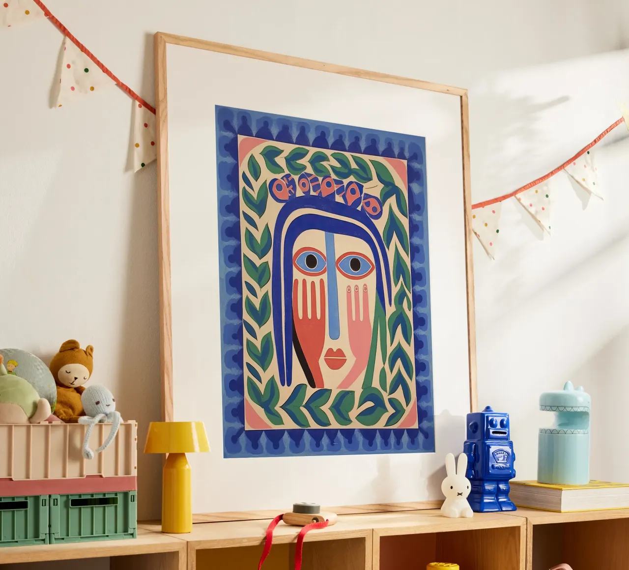 Folk Abstract Gezichtsillustratie Blauw poster van Peaches Art Prints