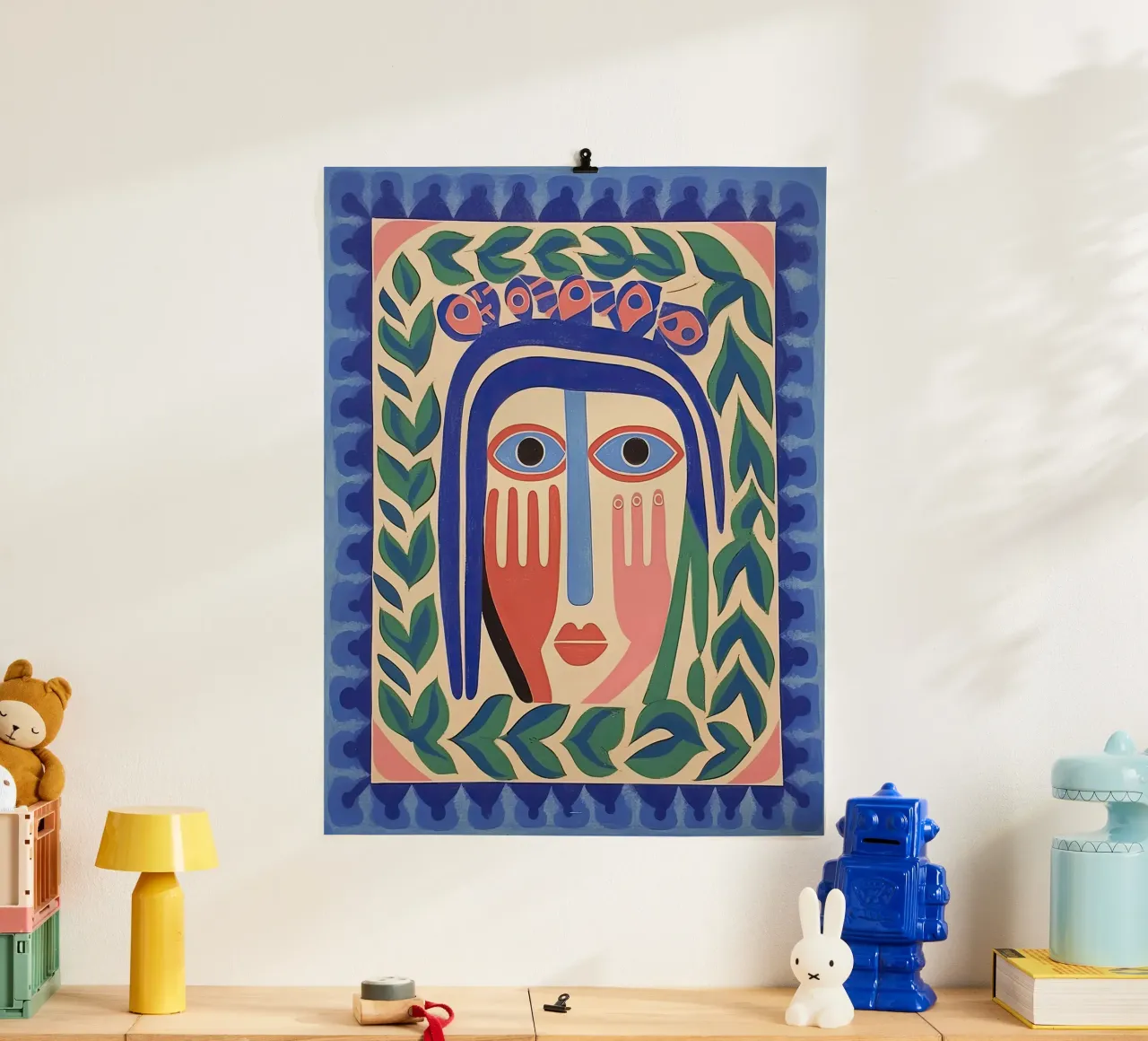 Folk Abstract Gezichtsillustratie Blauw poster van Peaches Art Prints