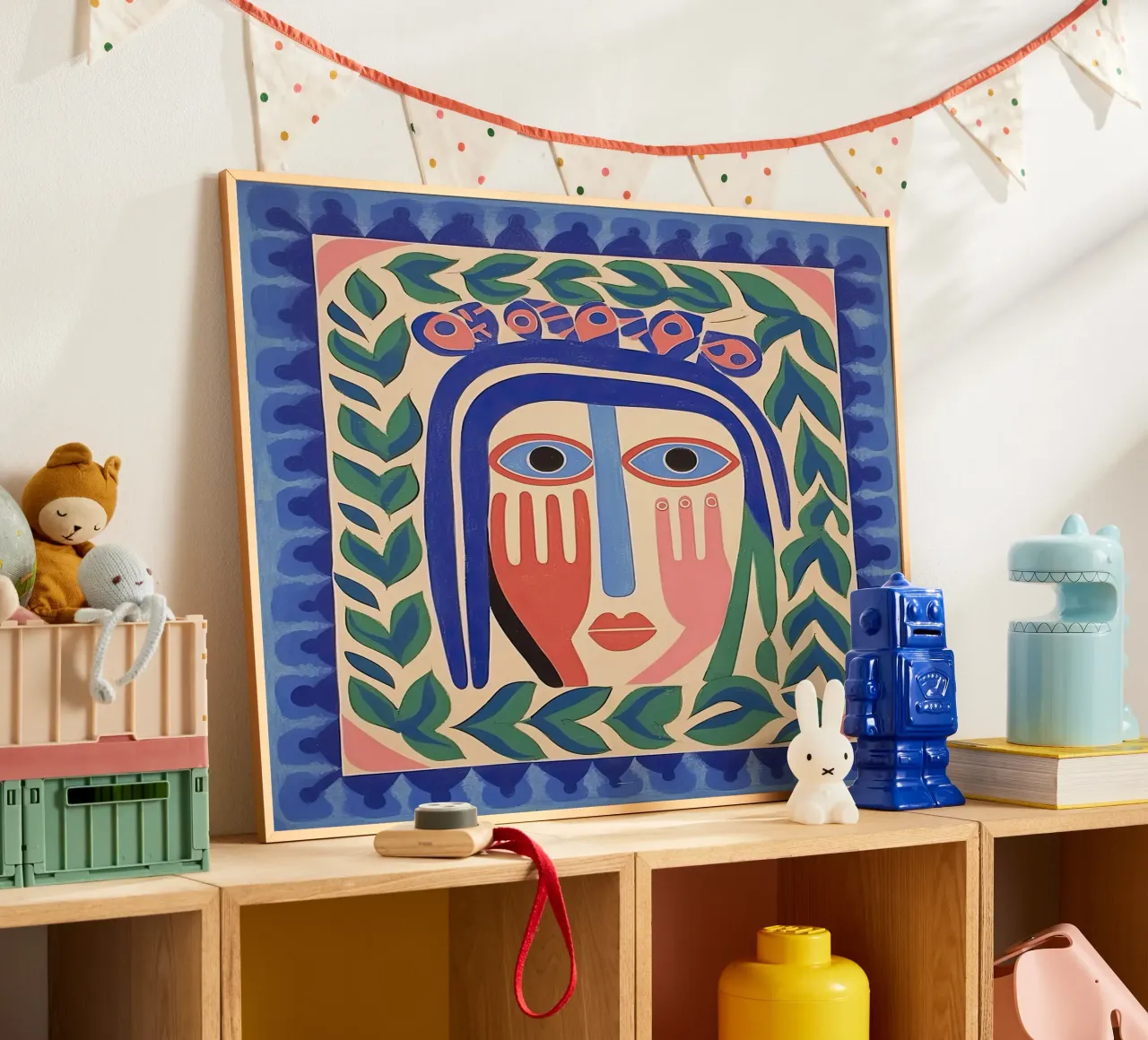 Folk Abstract Gezichtsillustratie Blauw poster van Peaches Art Prints