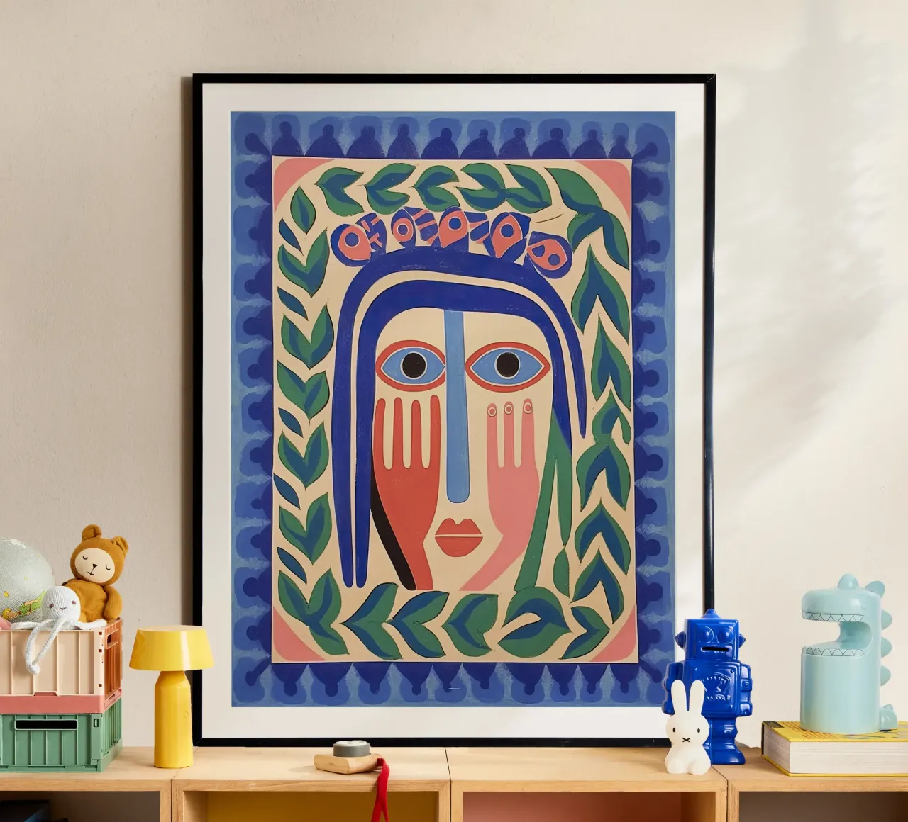 Folk Abstract Gezichtsillustratie Blauw poster van Peaches Art Prints
