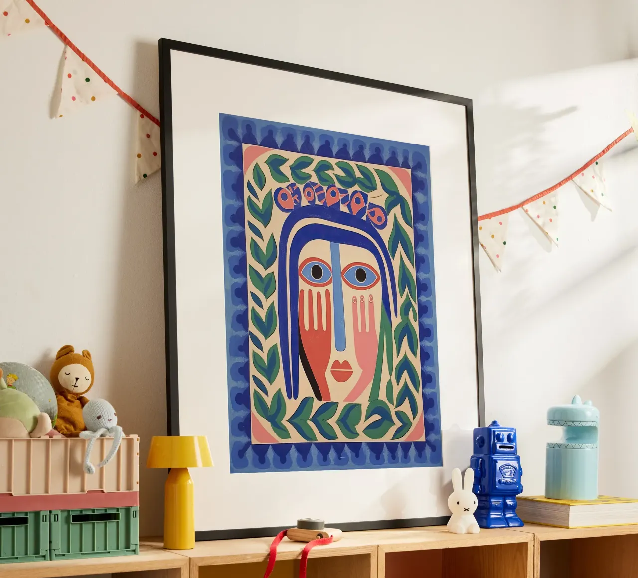 Folk Abstract Gezichtsillustratie Blauw poster van Peaches Art Prints