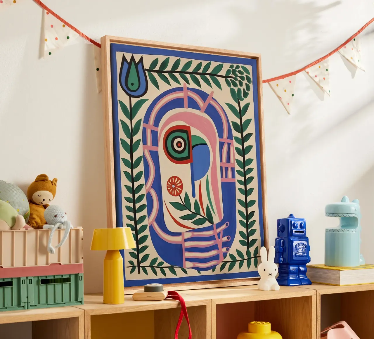Folk Abstract Gezichtsillustratie - Abstract Groen Blauw canvas met Baklijst van Peaches Art Prints