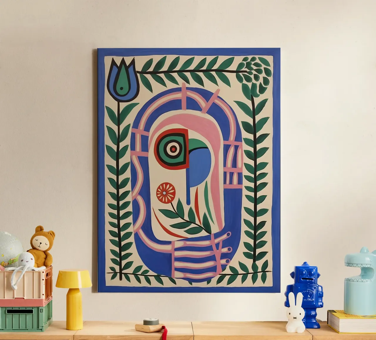 Folk Abstract Gezichtsillustratie - Abstract Groen Blauw canvas met Baklijst van Peaches Art Prints