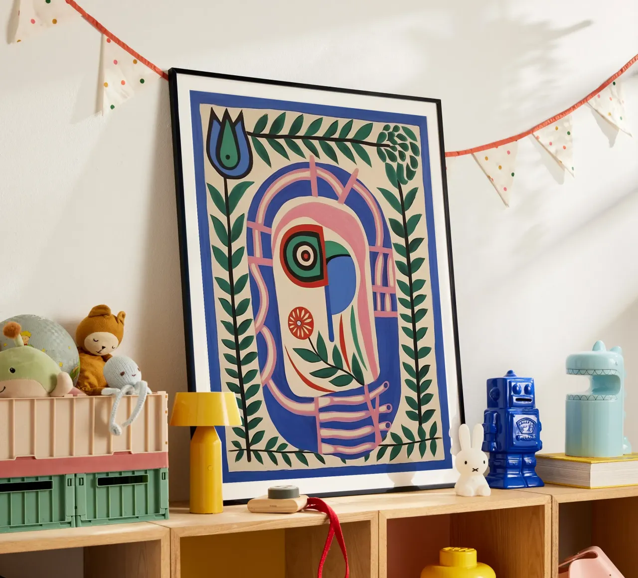 Folk Abstract Gezichtsillustratie - Abstract Groen Blauw poster met aluminium frame van Peaches Art Prints