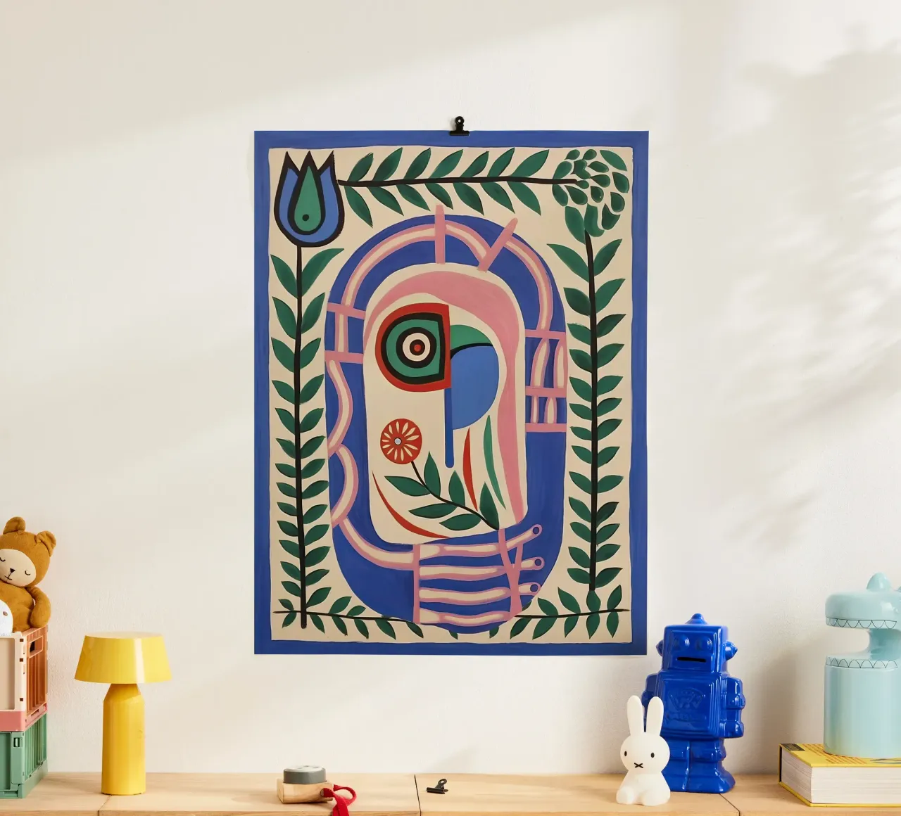 Folk Abstract Gezichtsillustratie - Abstract Groen Blauw poster met aluminium frame van Peaches Art Prints