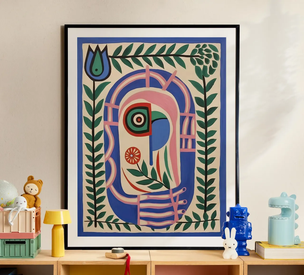 Folk Abstract Gezichtsillustratie - Abstract Groen Blauw poster met aluminium frame van Peaches Art Prints