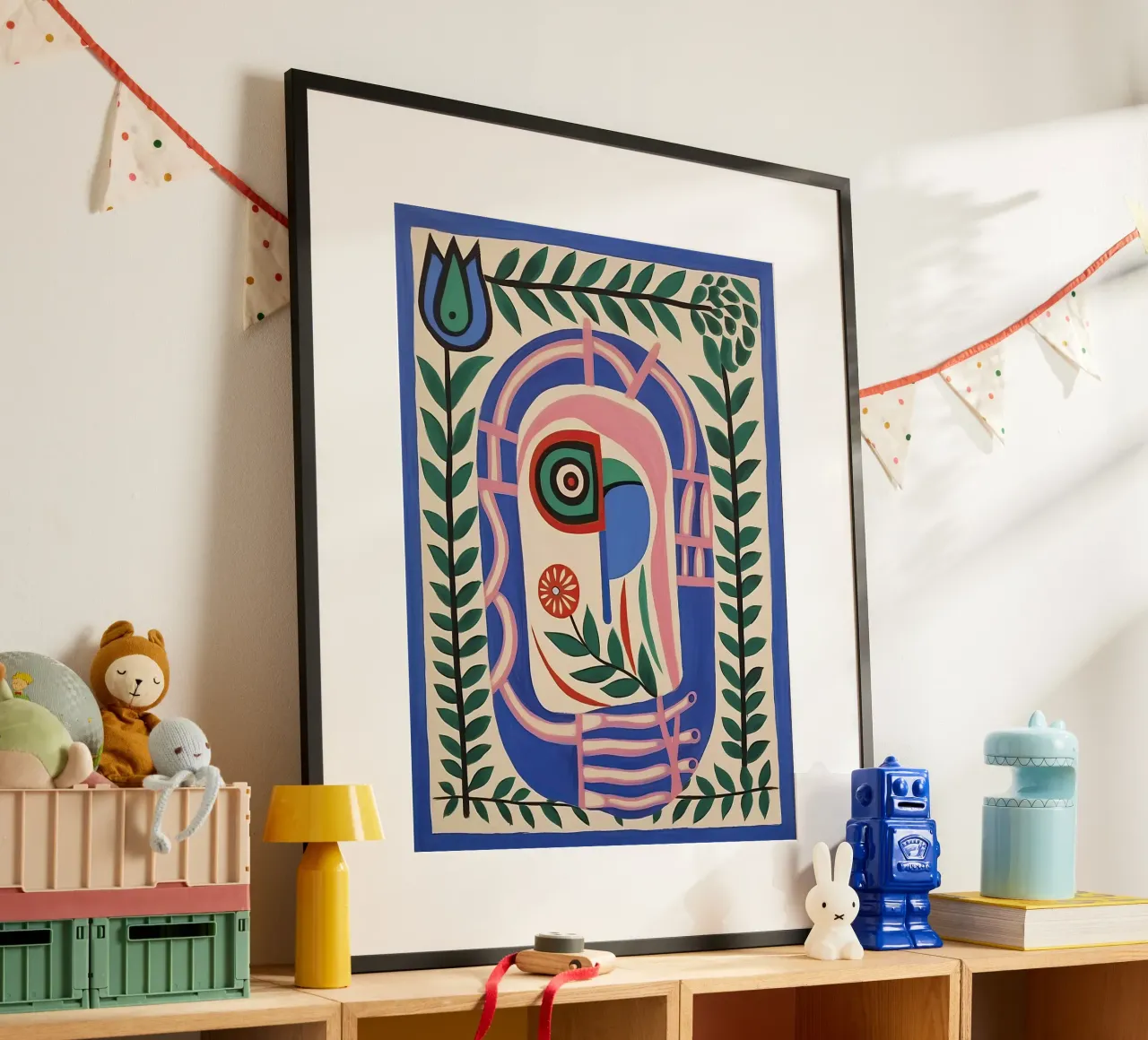 Folk Abstract Gezichtsillustratie - Abstract Groen Blauw poster met aluminium frame van Peaches Art Prints