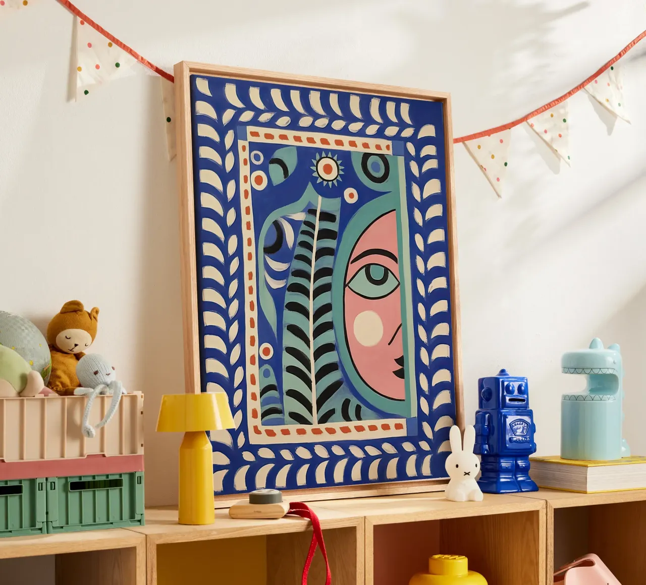 Folk Abstract Gezichtsillustratie, Groen Blauw en Roze canvas met Baklijst van Peaches Art Prints