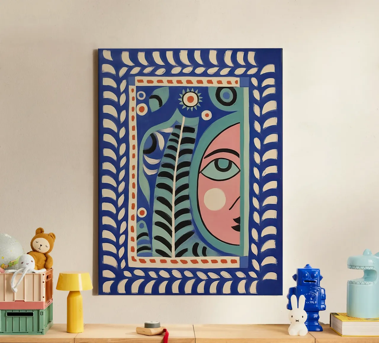 Folk Abstract Gezichtsillustratie, Groen Blauw en Roze canvas met Baklijst van Peaches Art Prints