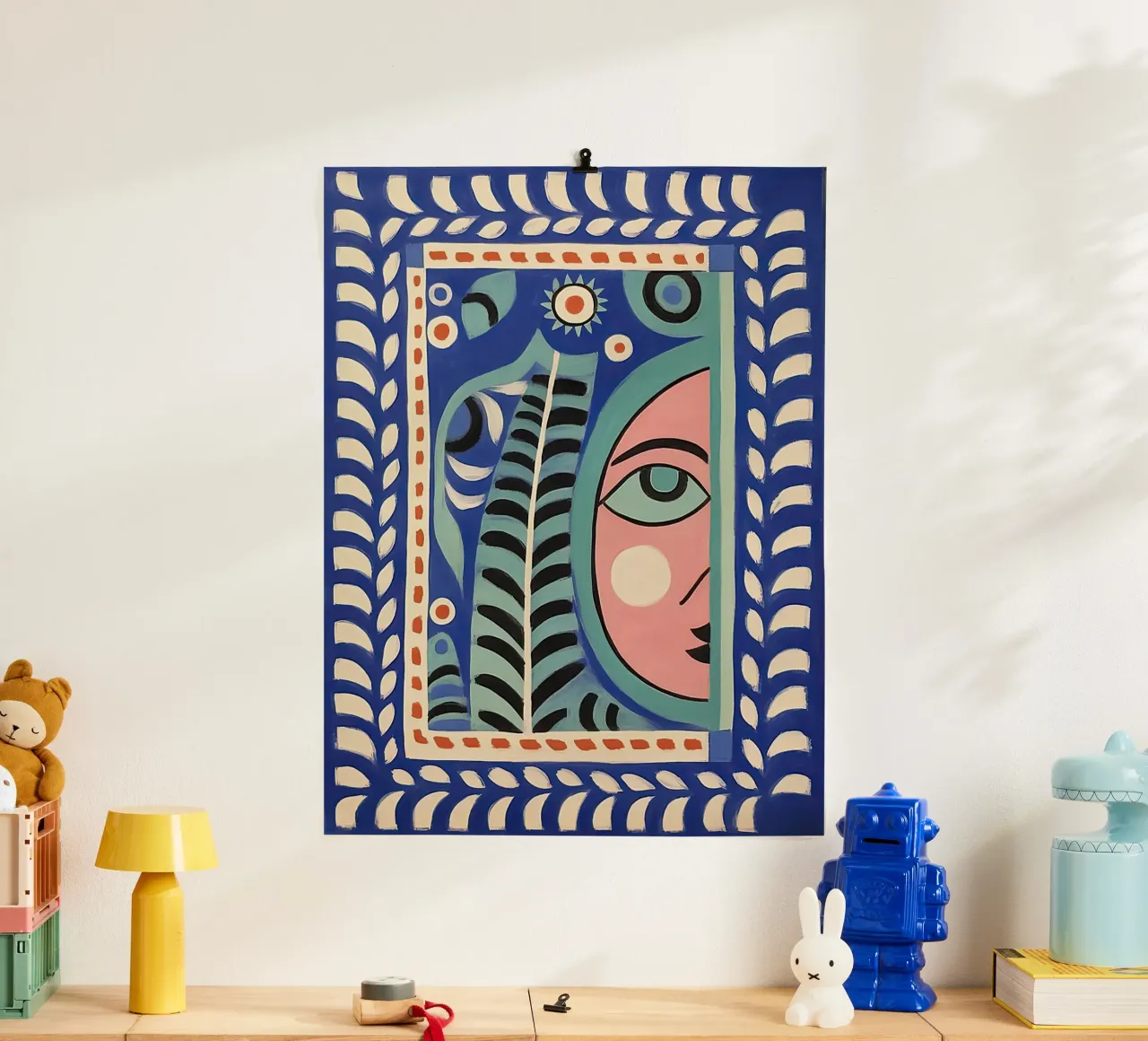 Folk Abstract Gezichtsillustratie, Groen Blauw en Roze poster van Peaches Art Prints