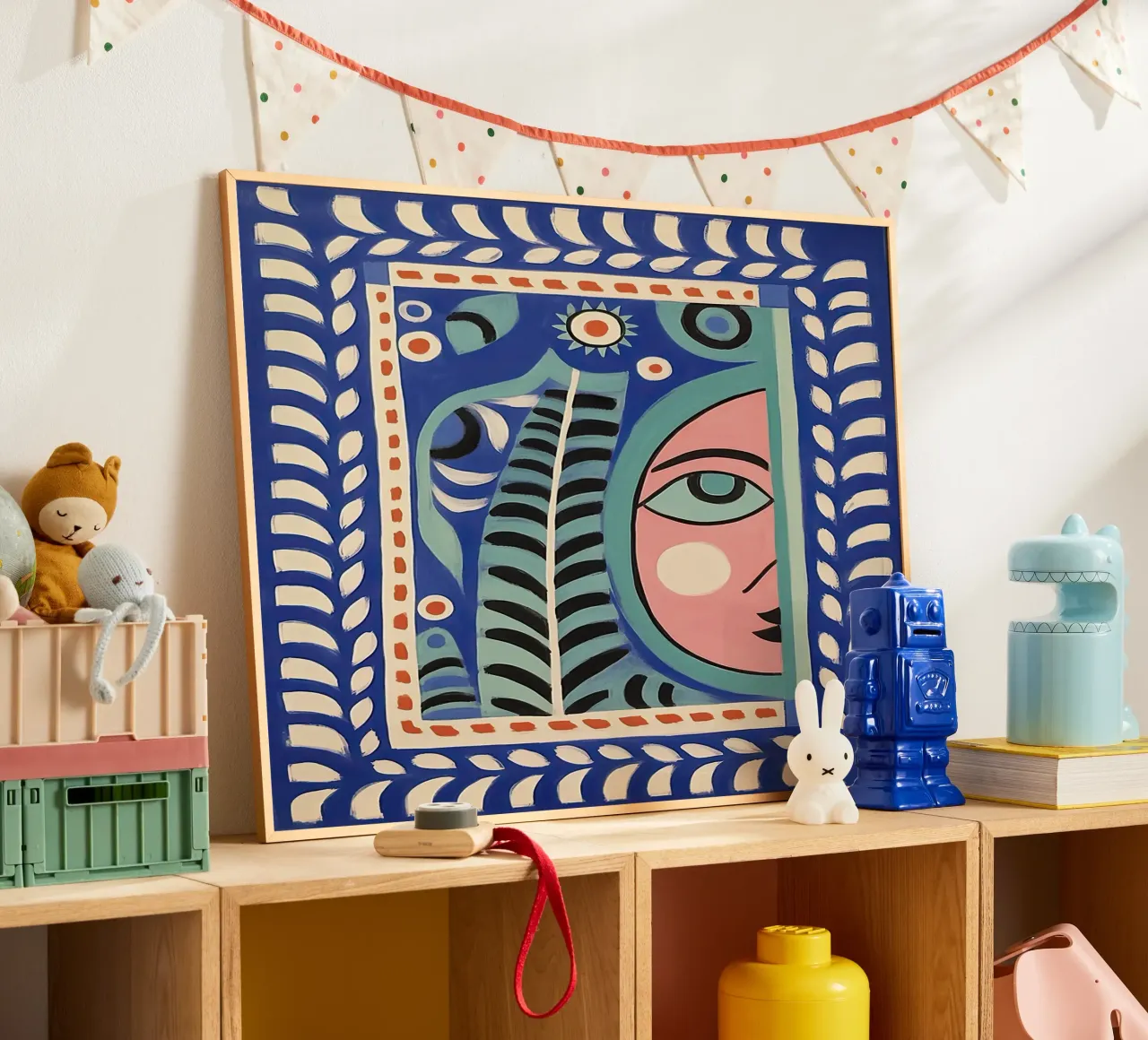 Folk Abstract Gezichtsillustratie, Groen Blauw en Roze poster van Peaches Art Prints