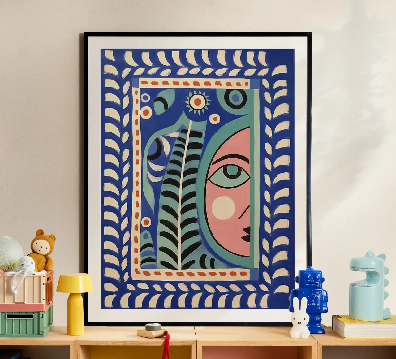 Folk Abstract Gezichtsillustratie, Groen Blauw en Roze poster van Peaches Art Prints
