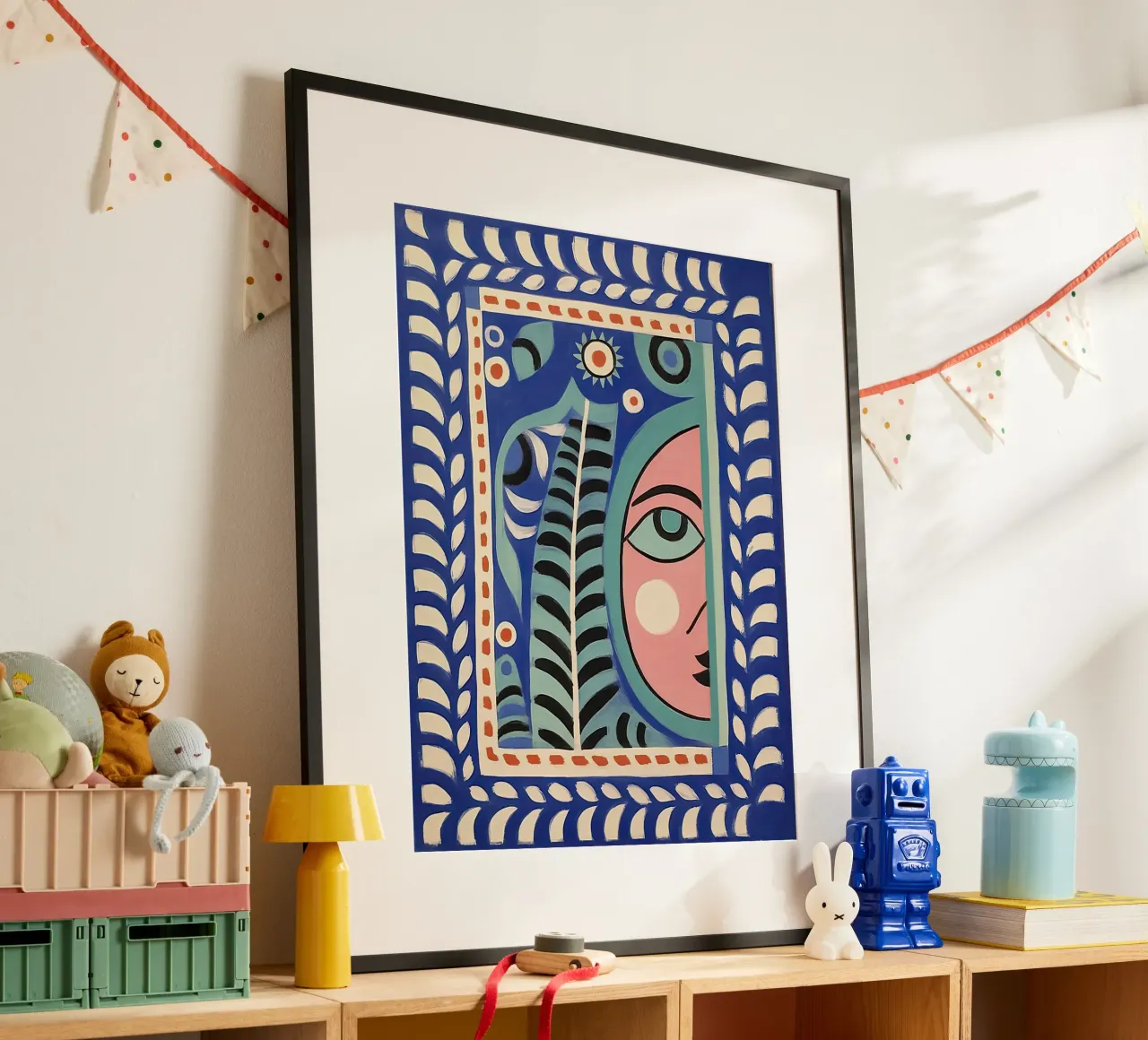 Folk Abstract Gezichtsillustratie, Groen Blauw en Roze poster van Peaches Art Prints