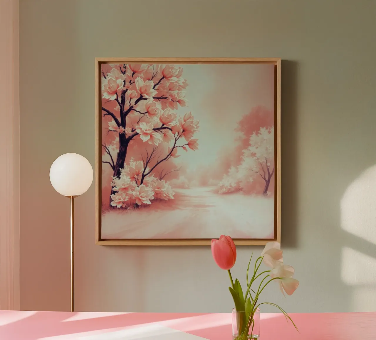 Lentebloesems creëren een sereen pastellandschap in bloei canvas met Baklijst van DesignDoodle