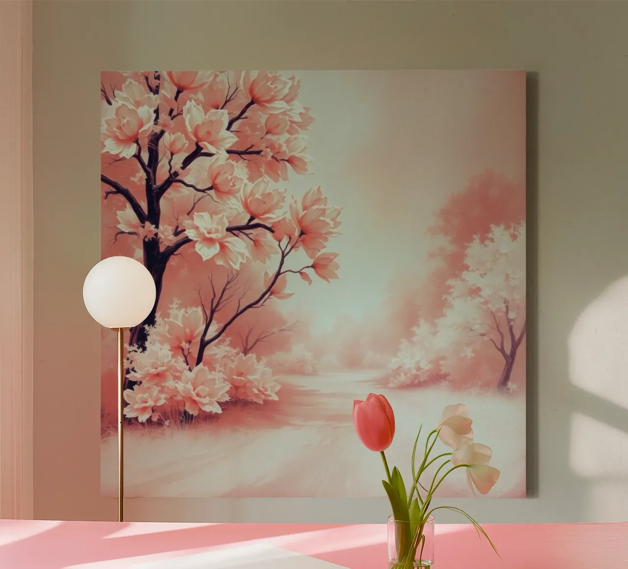 Lentebloesems creëren een sereen pastellandschap in bloei canvas met Baklijst van DesignDoodle