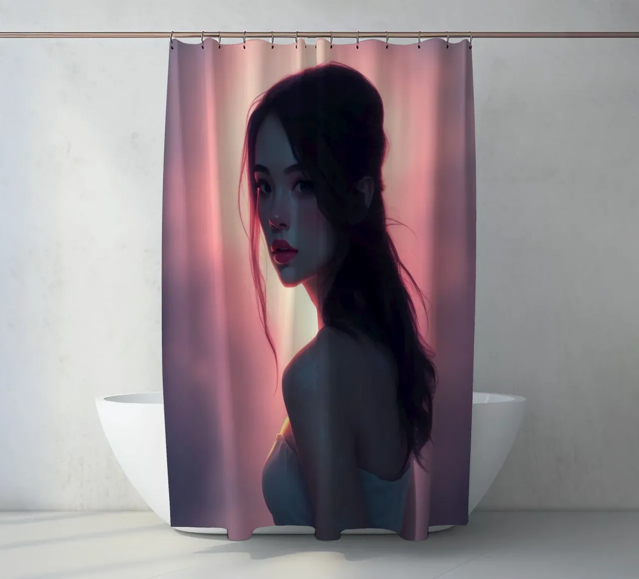 Porträt einer Frau mit weichen Zügen beleuchtet strahlend Duschvorhang von DesignDoodle