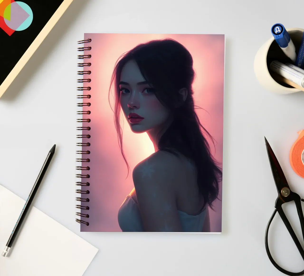 Portret van een vrouw met zachte gelaatstrekken stralend verlicht notitieboek met spiraal van DesignDoodle