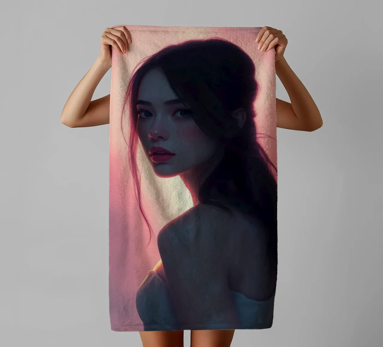 Portrait of a woman with soft features illuminated radiant towel by DesignDoodle