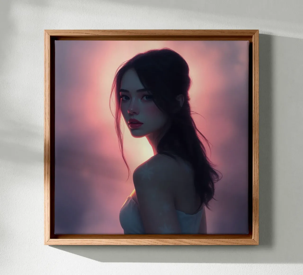 Portrait of a woman with soft features illuminated radiant canvas with Floater frame by DesignDoodle
