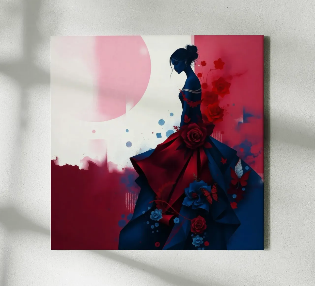 Elegant woman in a vibrant dark blue and red gown amidst art canvas with Floater frame by DesignDoodle
