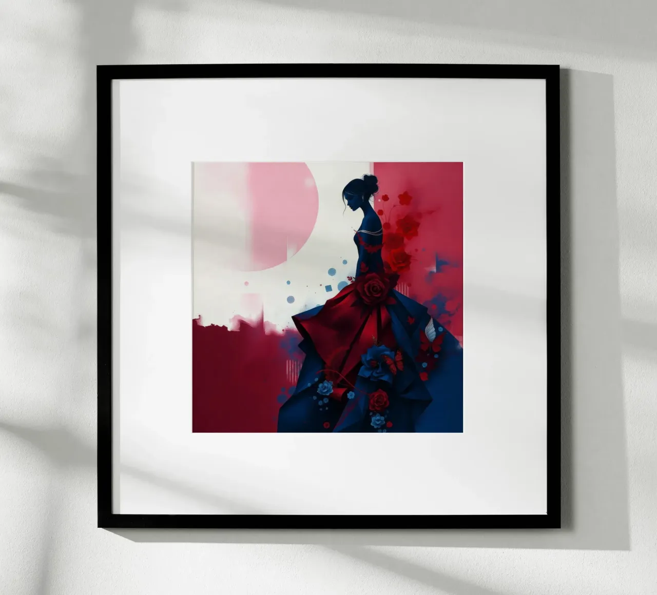 Donna elegante in un vivace abito blu scuro e rosso in mezzo all'arte poster con telaio in legno da DesignDoodle