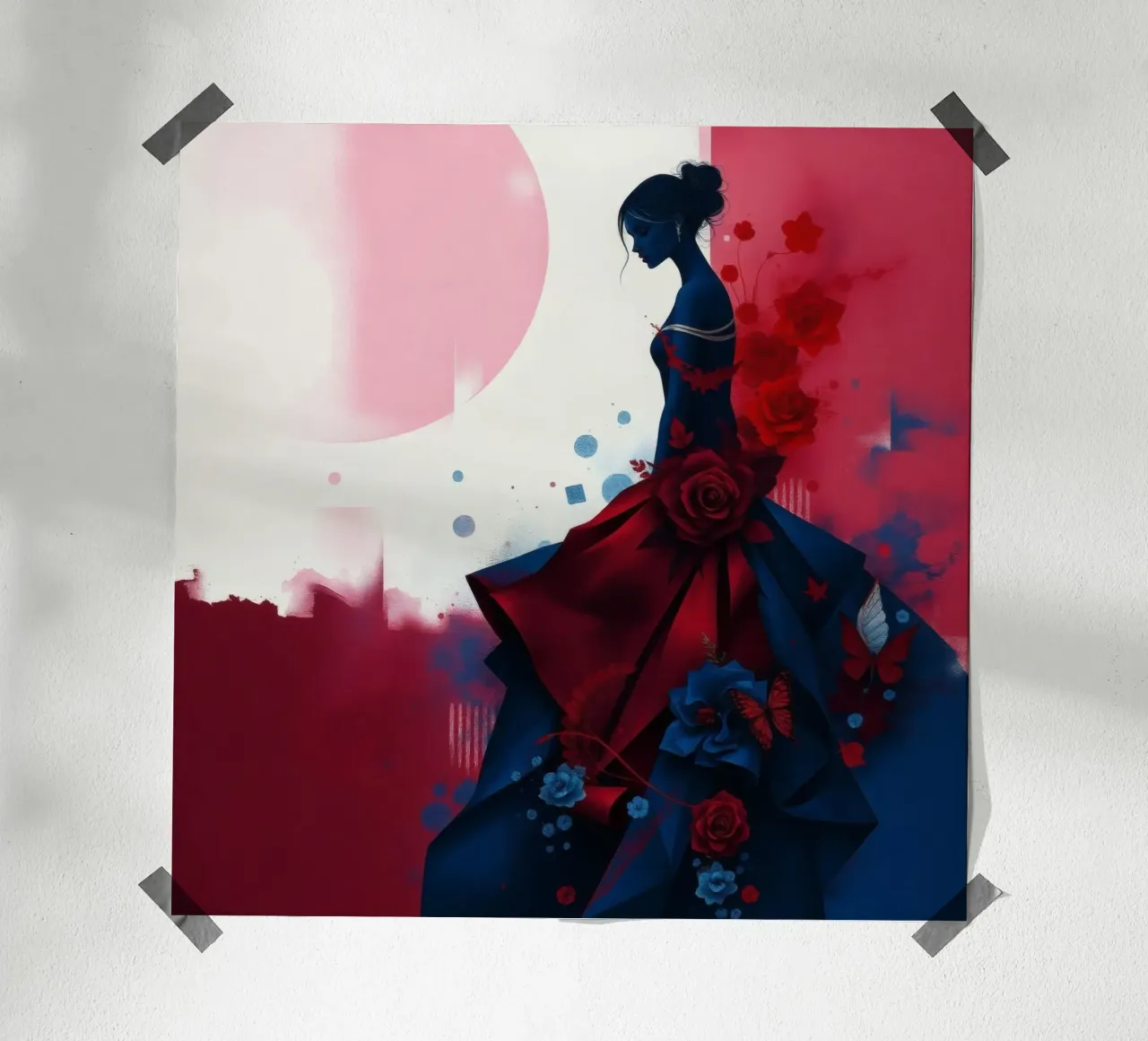 Donna elegante in un vivace abito blu scuro e rosso in mezzo all'arte poster con telaio in legno da DesignDoodle