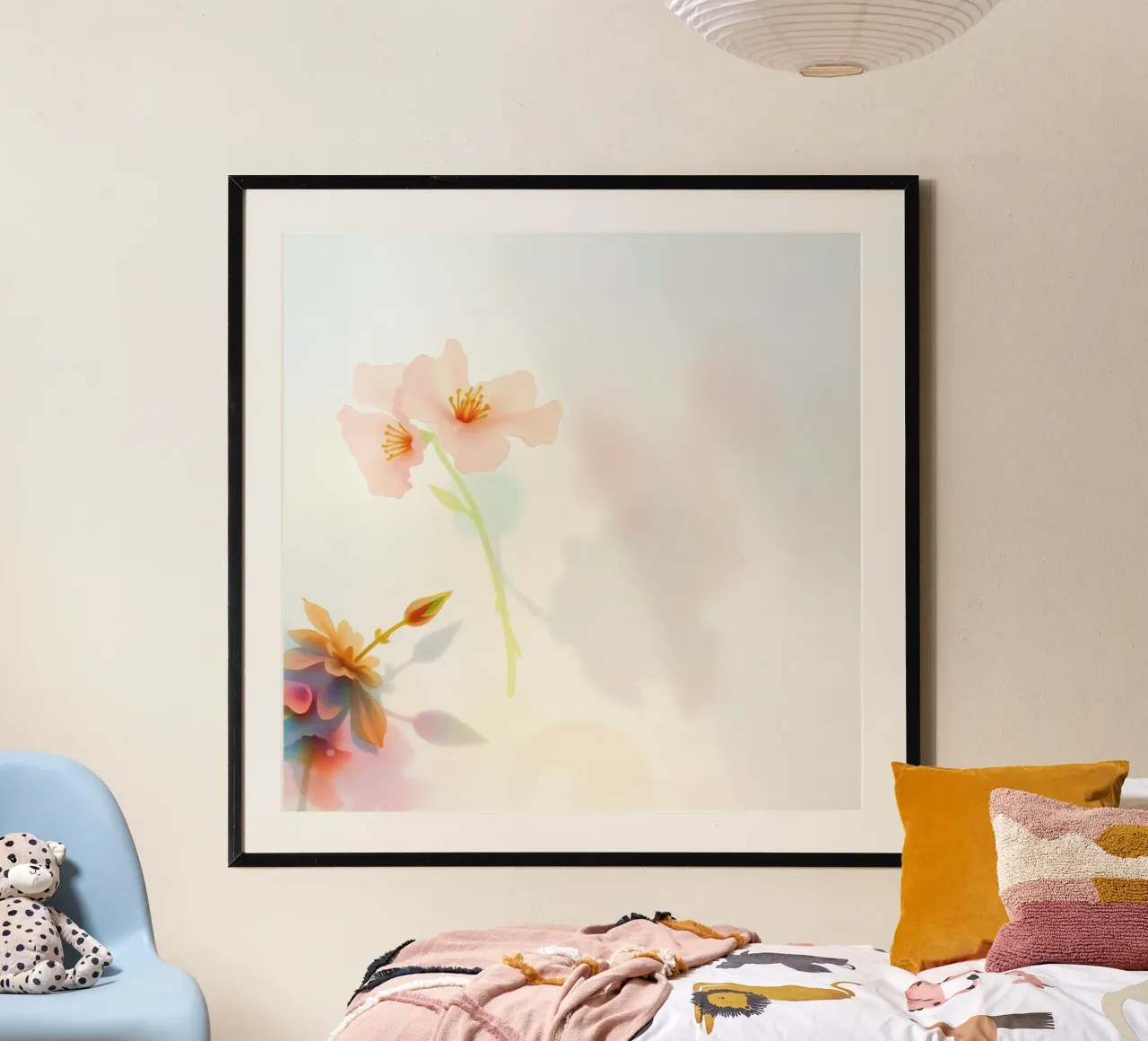 Morbida illustrazione a pastello di fiori delicati che si fondono poster con telaio in legno da DesignDoodle