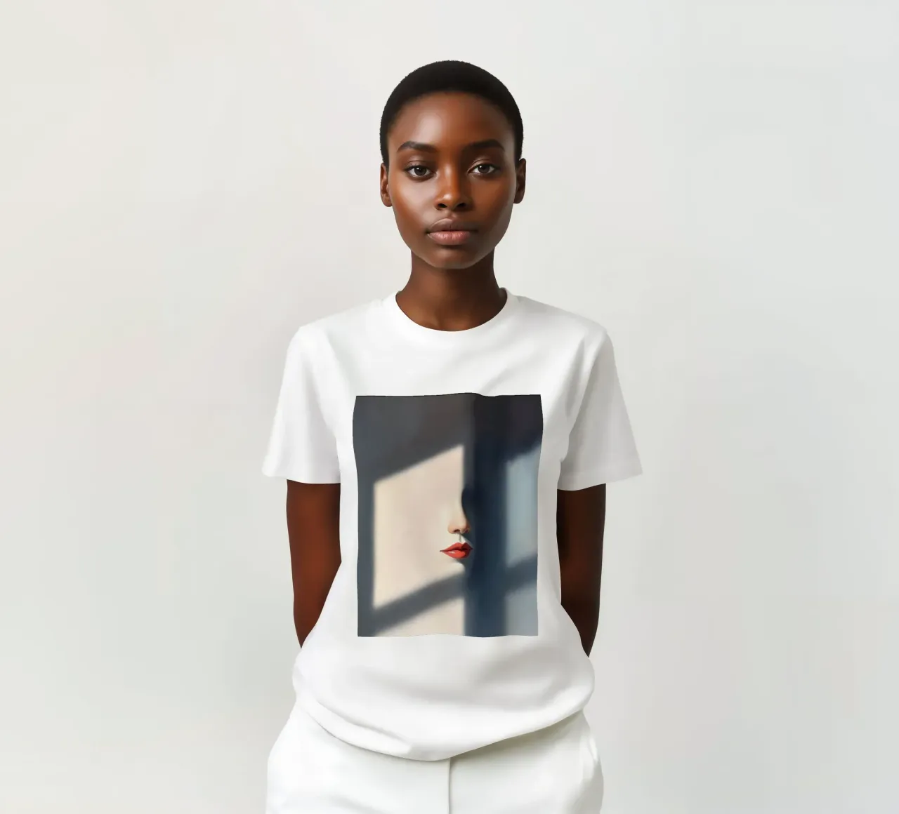 Shadows and light create an intriguing portrait of a face t-shirt by DesignDoodle