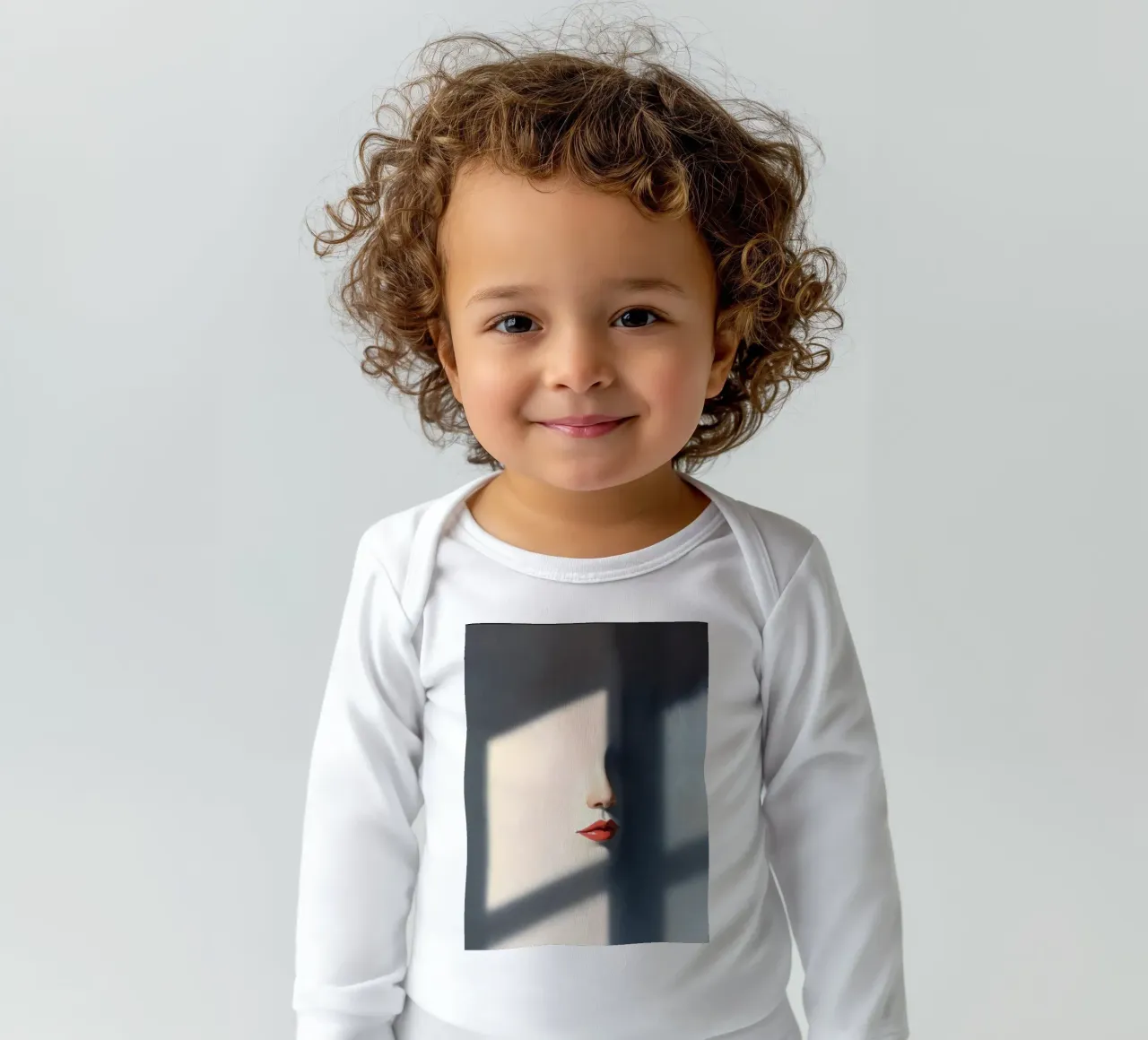 Schaduwen en licht creëren een intrigerend portret van een gezicht babyrompertje lange mouwen van DesignDoodle