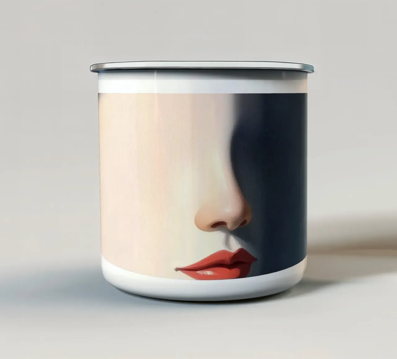 Ombre e luci creano un intrigante ritratto di un volto tazza in smalto da DesignDoodle