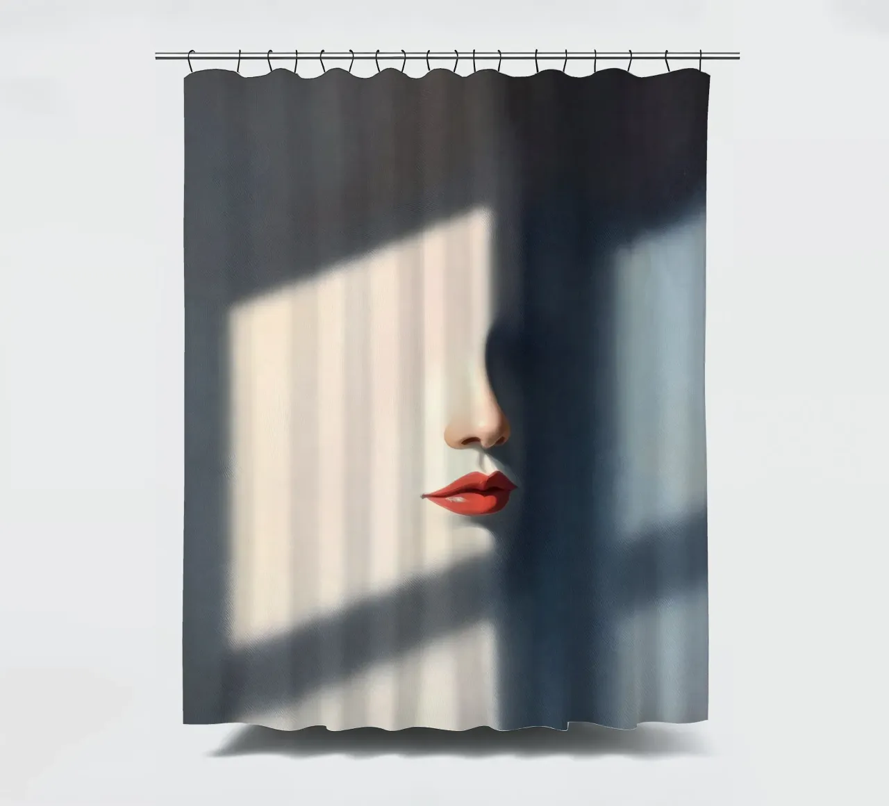 Shadows and light create an intriguing portrait of a face shower curtain by DesignDoodle
