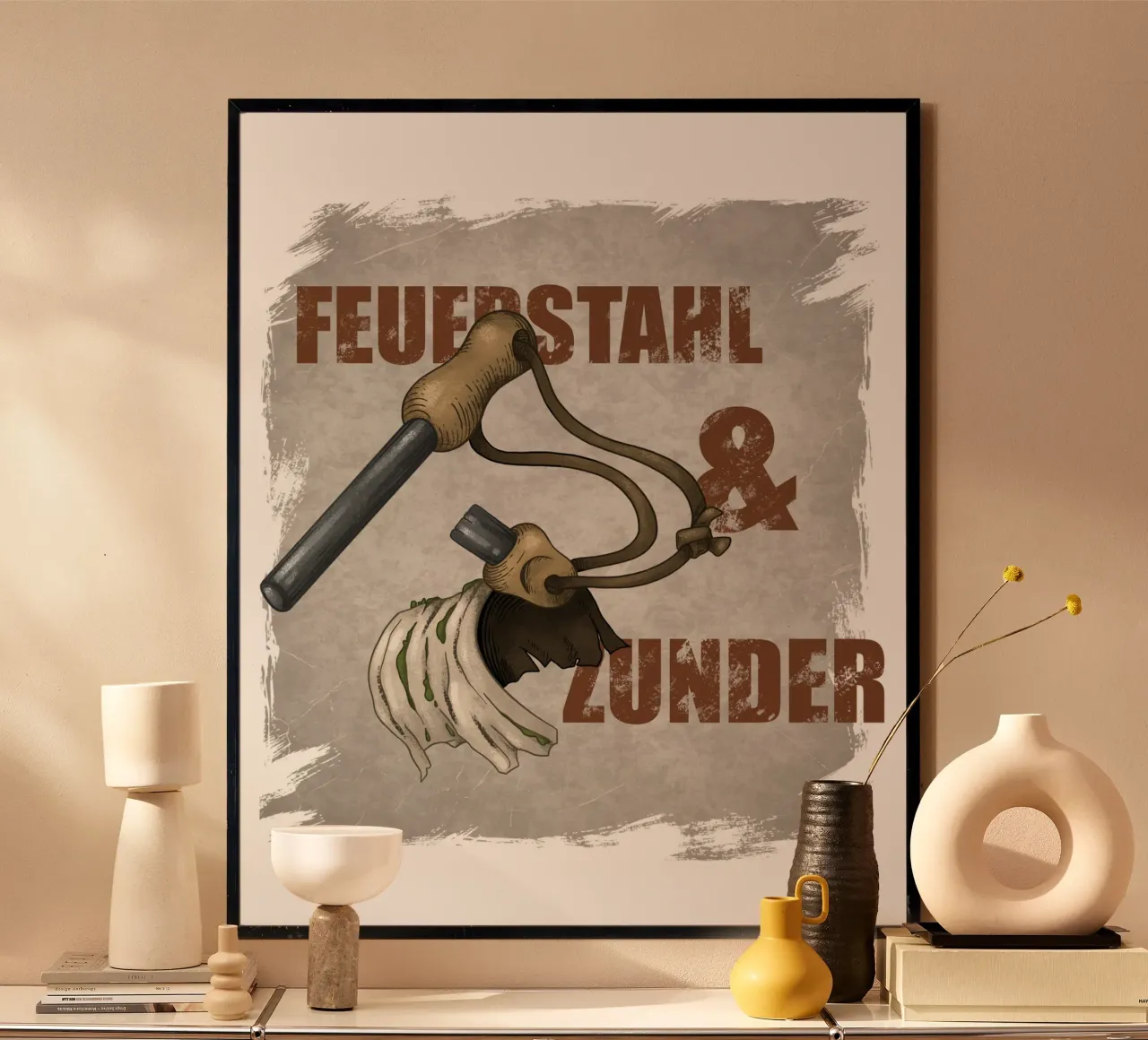 Feuerstahl und Zunder poster with plastic frame by Nora Back