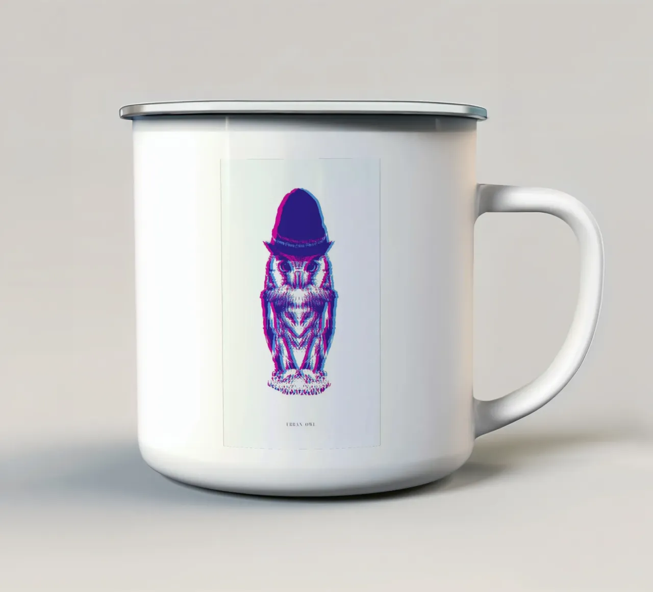 Magenta Owl with cyan beanie tazza in smalto da Studio One