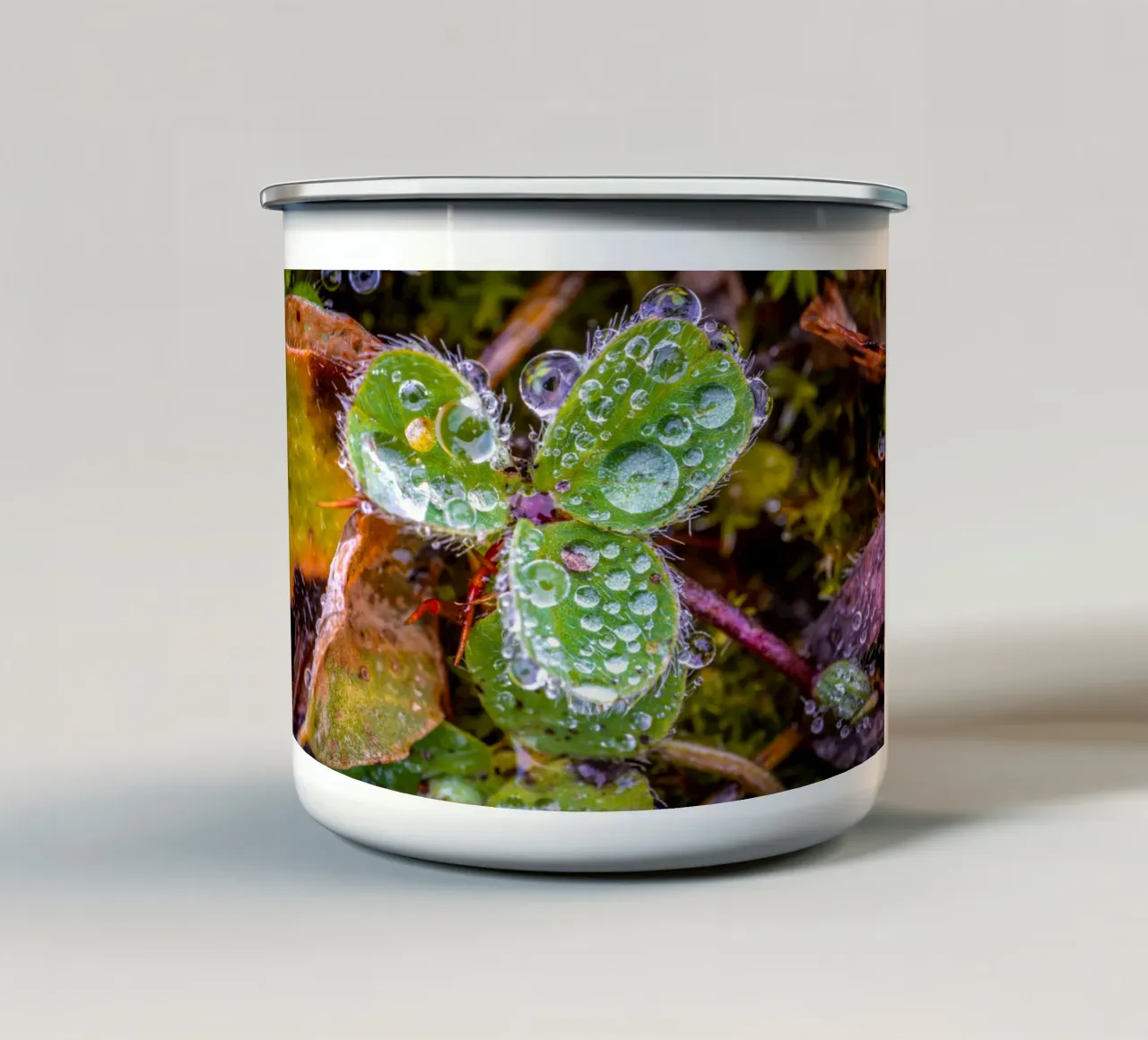 Three-leaf clover with many drops of water enamel mug by Marcus Beckert | Fotografie