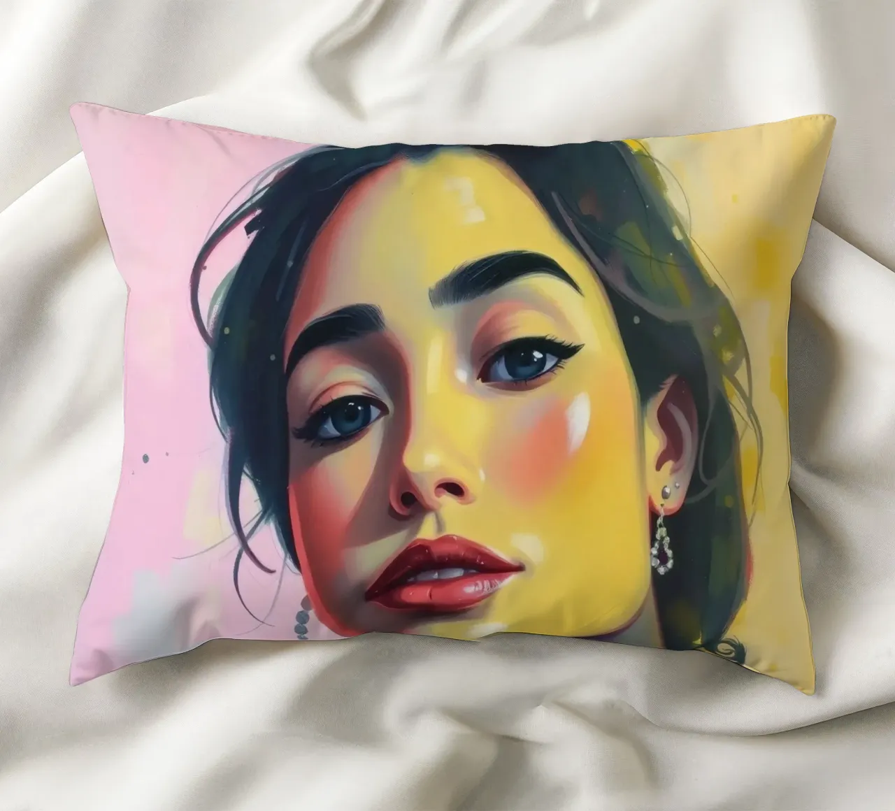 Ritratto di giovane donna con radiosa bellezza colorata cuscino da DesignDoodle