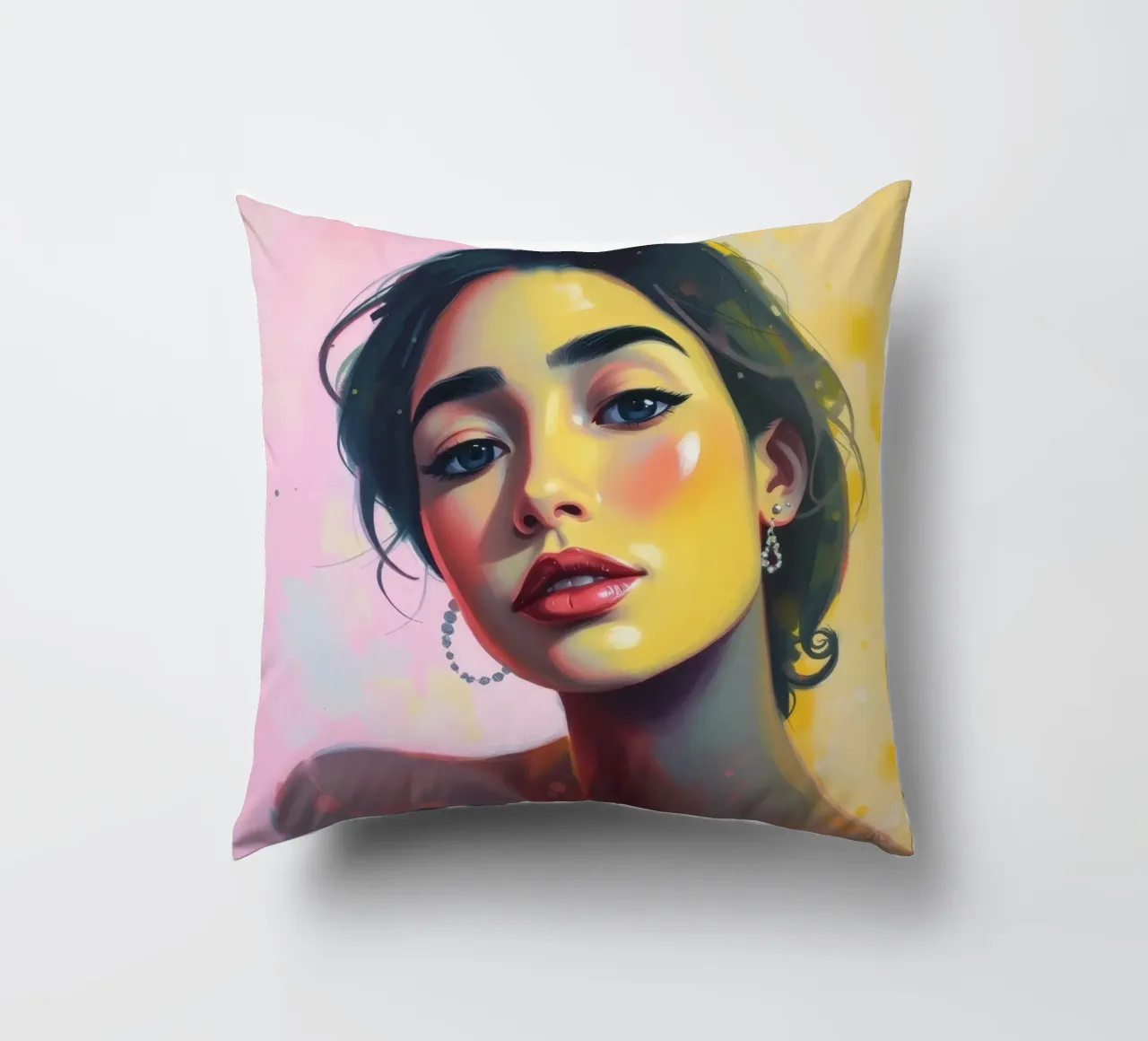 Ritratto di giovane donna con radiosa bellezza colorata cuscino da DesignDoodle