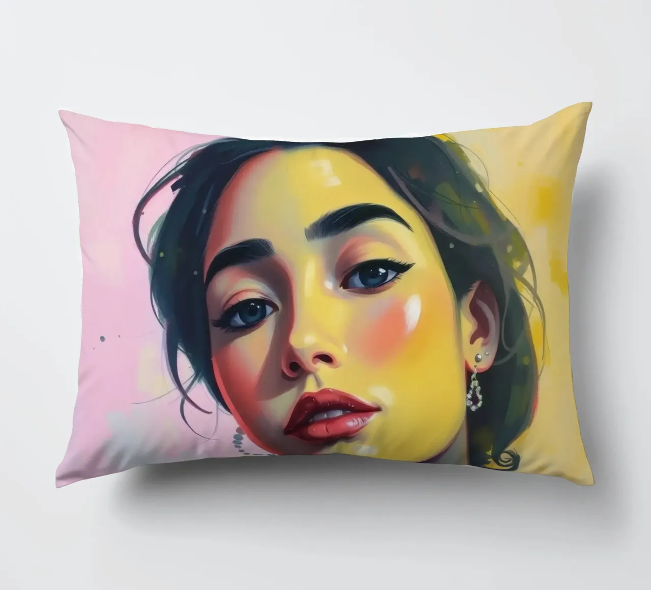 Ritratto di giovane donna con radiosa bellezza colorata cuscino da DesignDoodle