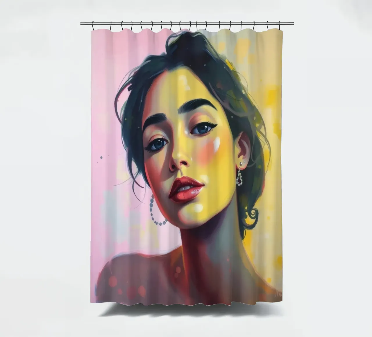 Ritratto di giovane donna con radiosa bellezza colorata tenda da doccia da DesignDoodle