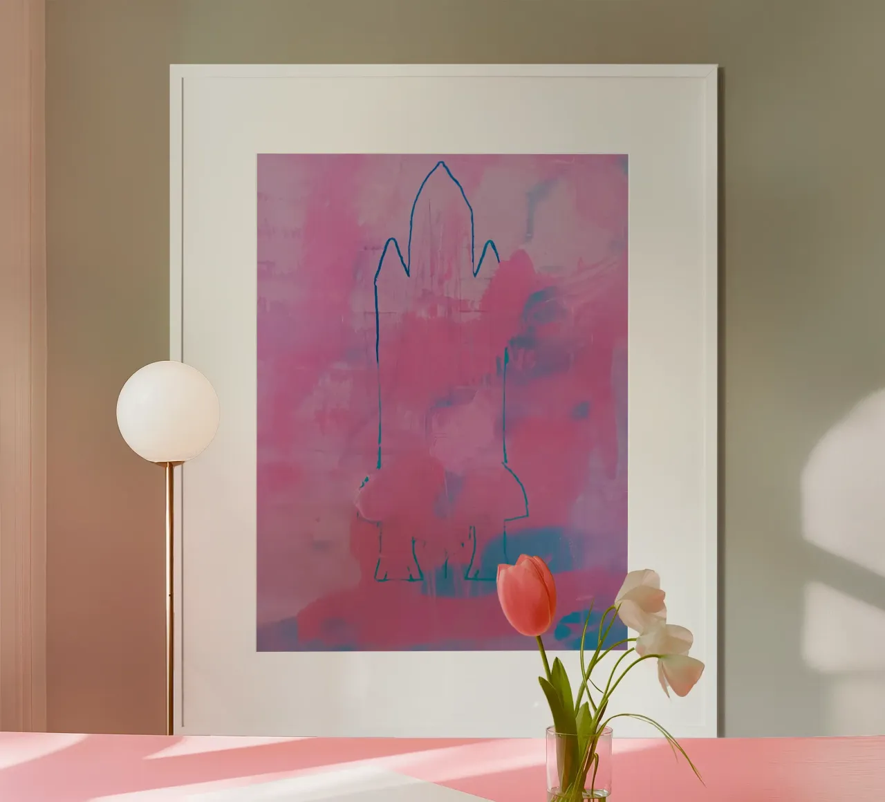 Space Shuttle Outline Roze & Blauw Abstracte Print poster van FABOArt