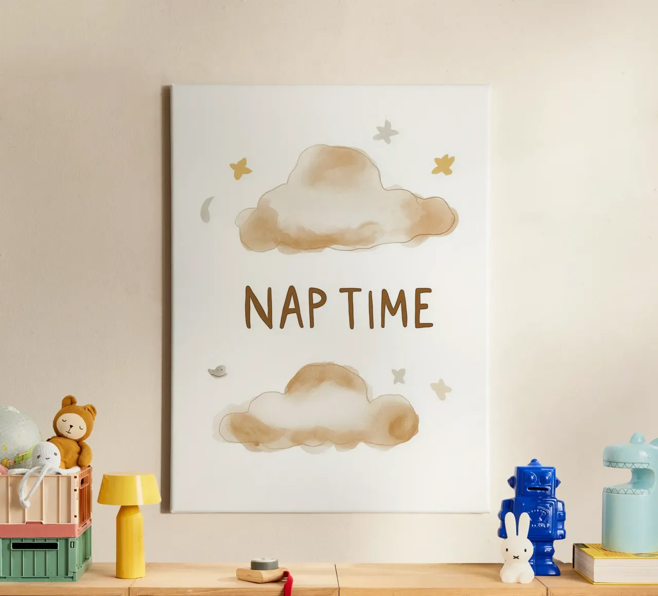Poster per l'ora del pisolino - Morbide nuvole per la cameretta dei bambini tela con Cornice a cassetta da KidzStudio