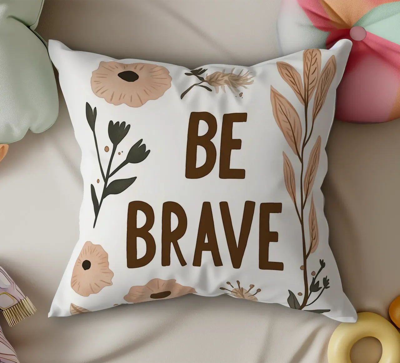 Murale boho - "Be Brave" con elementi floreali cuscino da KidzStudio
