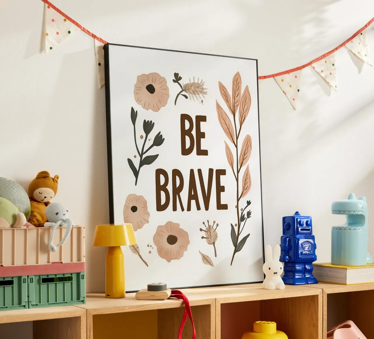 Murale boho - "Be Brave" con elementi floreali alluminio dibond da KidzStudio