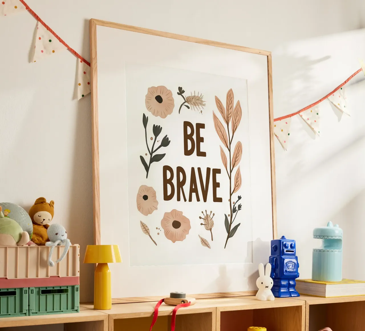 Murale boho - "Be Brave" con elementi floreali carta hahnemühle da KidzStudio