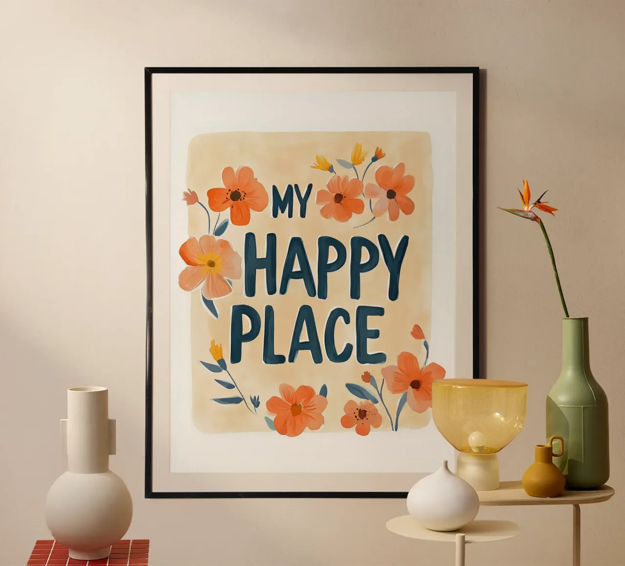 My Happy Place – Florales Wohlfühlposter für dein Zuhause poster con telaio in alluminio da KidzStudio