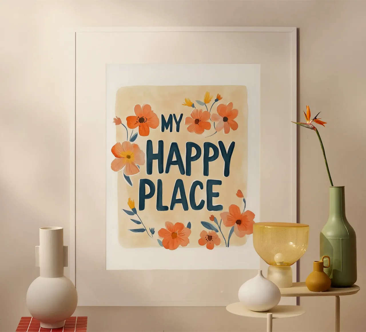 My Happy Place – Florales Wohlfühlposter für dein Zuhause poster con telaio in alluminio da KidzStudio