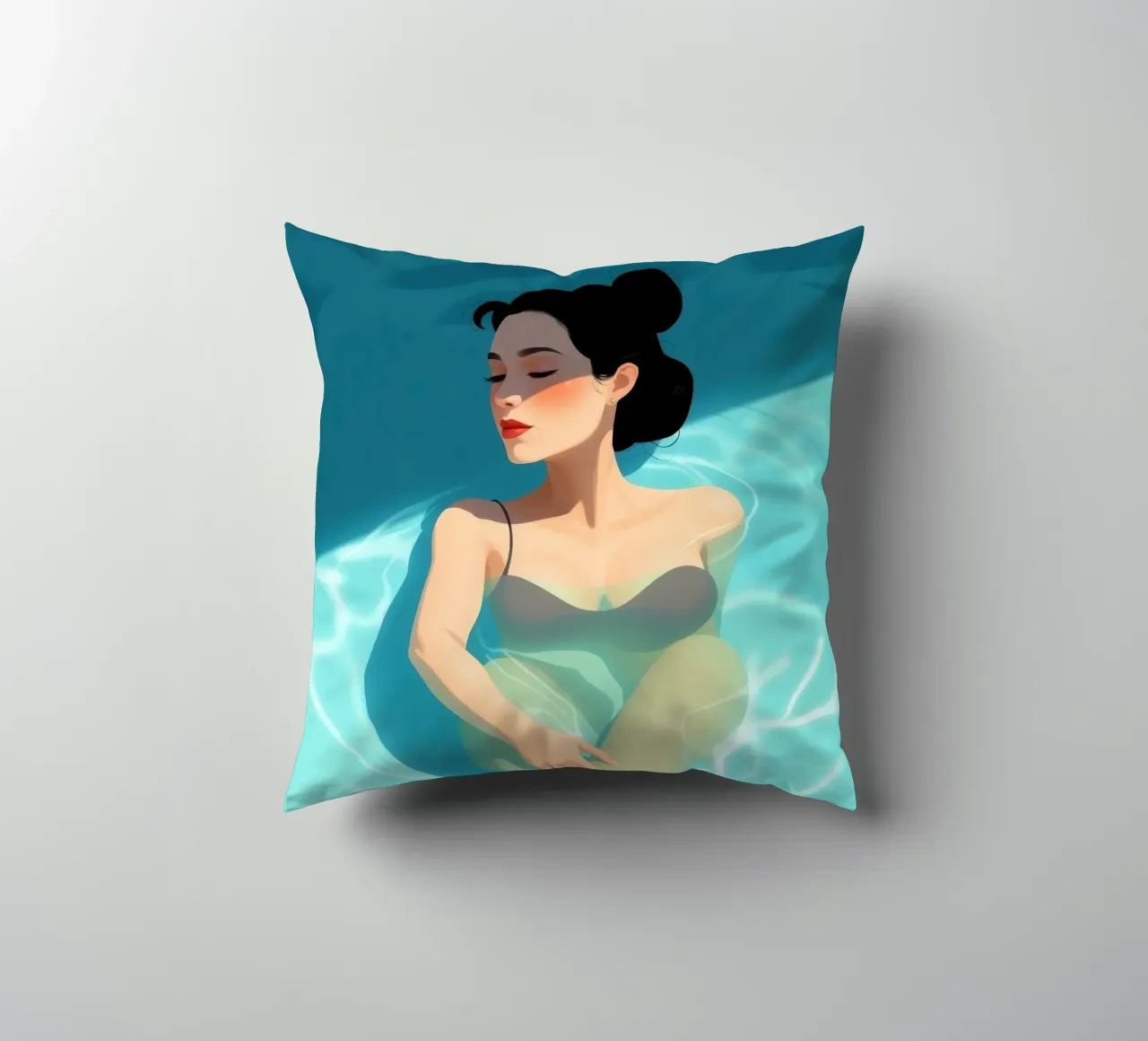 Relaxing moment in a refreshing pool on a sunny day decorative cushion by DesignDoodle