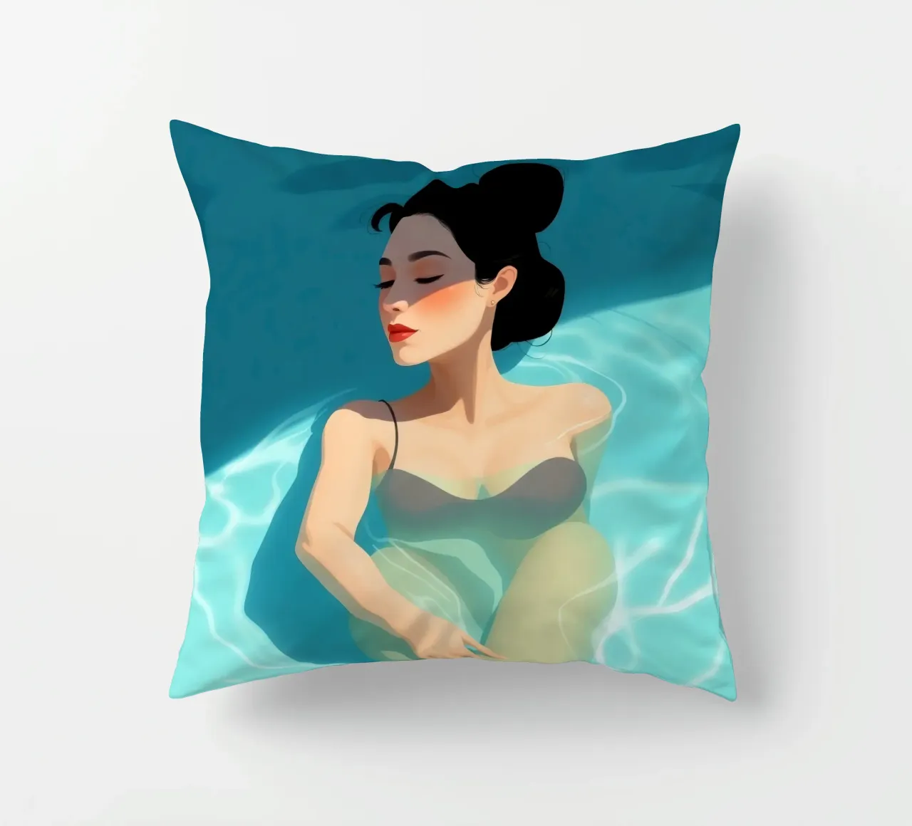 Relaxing moment in a refreshing pool on a sunny day decorative cushion by DesignDoodle