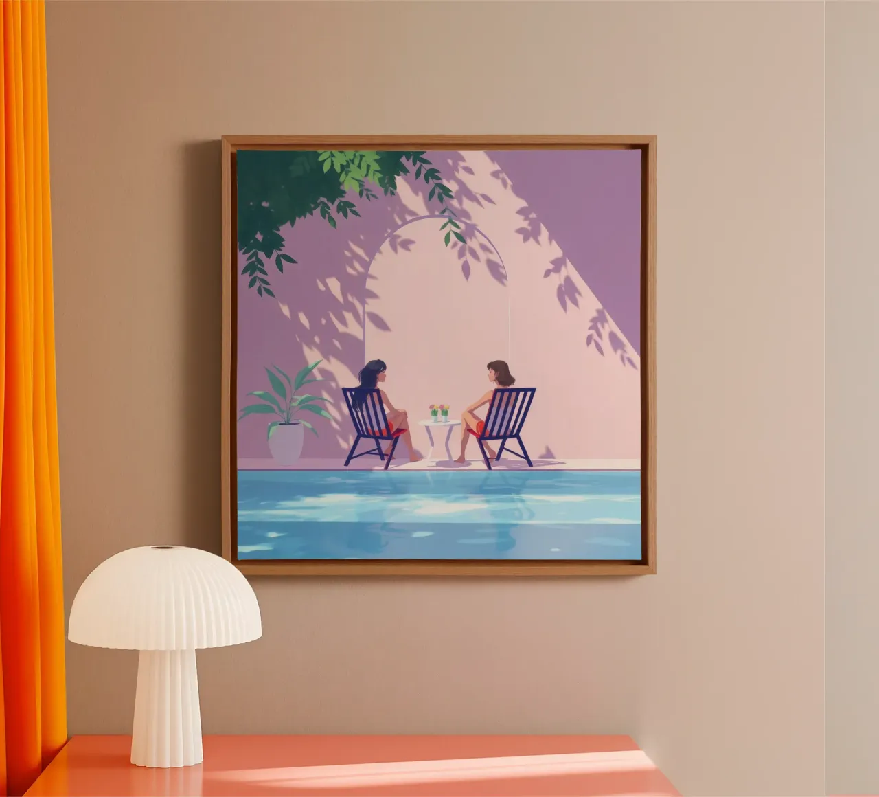 Relaxing by the Poolside Tranquil During a Sunny day canvas with Floater frame by DesignDoodle