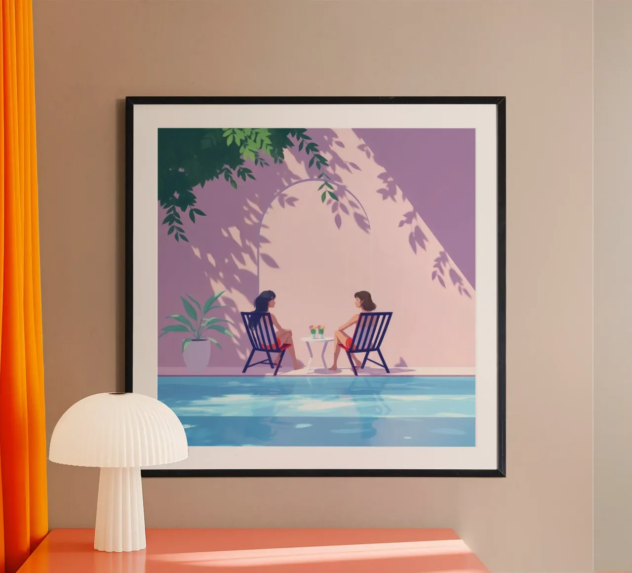 Rilassarsi a bordo piscina in tranquillità durante una giornata di sole poster con telaio in alluminio da DesignDoodle