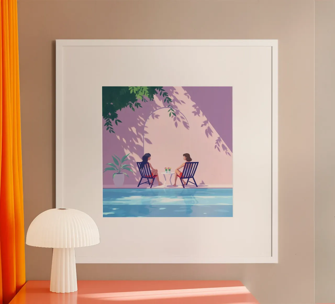Rilassarsi a bordo piscina in tranquillità durante una giornata di sole poster con telaio in alluminio da DesignDoodle